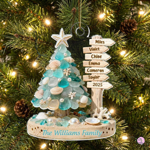 Personalized Beach Family Acrylic Ornament, Custom Sea Glass Coastal Christmas 2025 Gift
