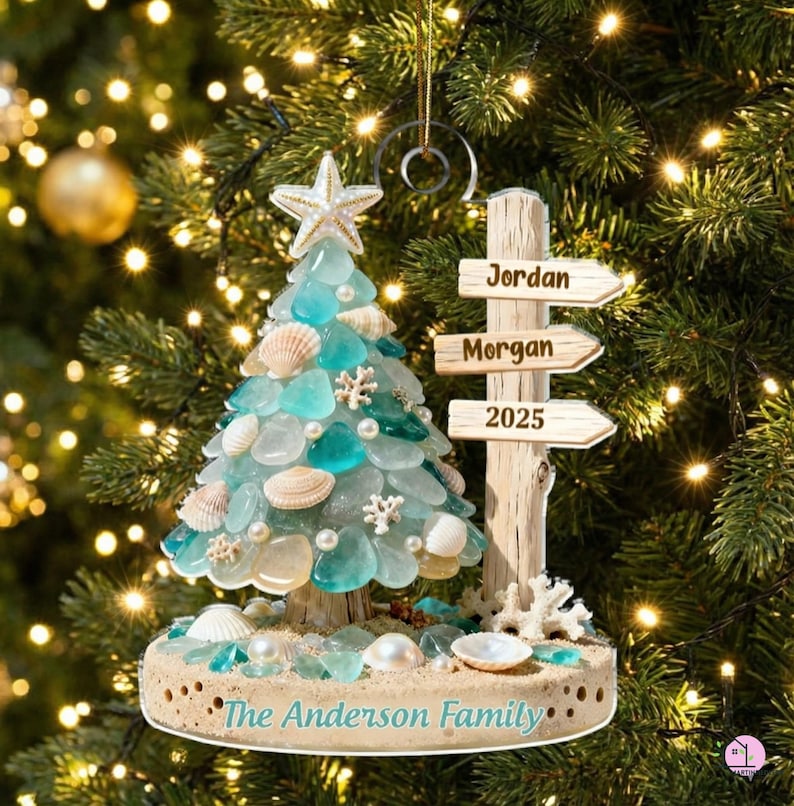 Personalized Beach Family Acrylic Ornament, Custom Sea Glass Coastal Christmas 2025 Gift