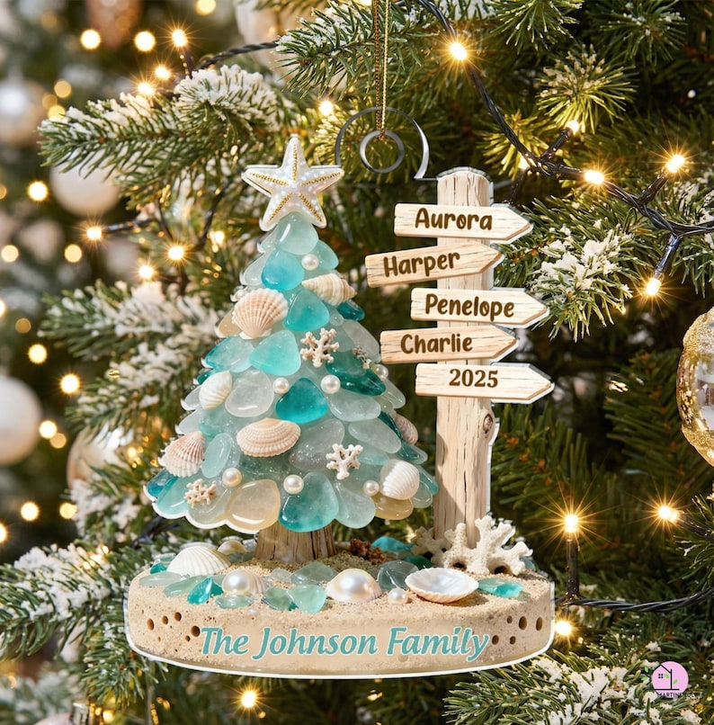 Personalized Beach Family Acrylic Ornament, Custom Sea Glass Coastal Christmas 2025 Gift