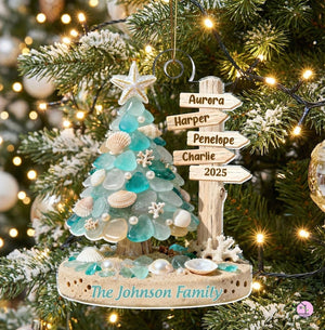 Personalized Beach Family Acrylic Ornament, Custom Sea Glass Coastal Christmas 2025 Gift
