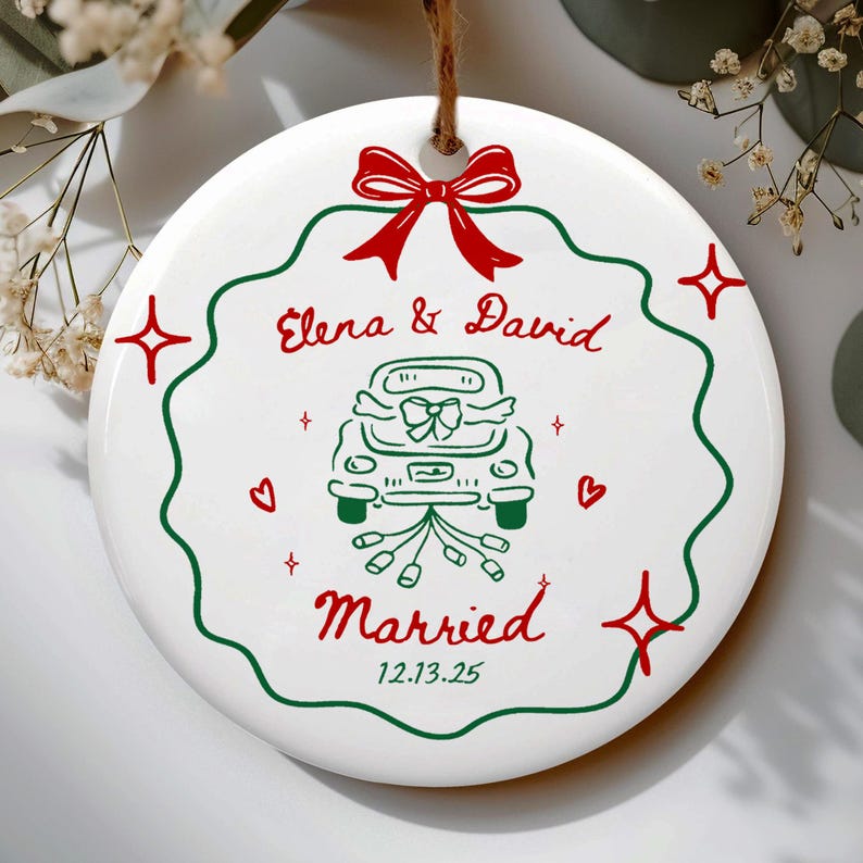2 Sided Ceramic Ornament, Our First Christmas Engaged, Personalized Engagement Gift for Couples, Wedding Gift Newlyweds, Whimsical Married
