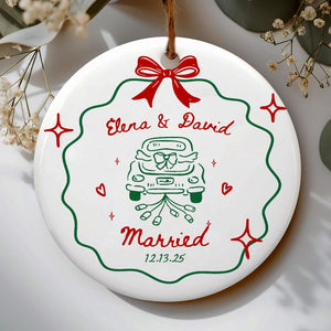 2 Sided Ceramic Ornament, Our First Christmas Engaged, Personalized Engagement Gift for Couples, Wedding Gift Newlyweds, Whimsical Married