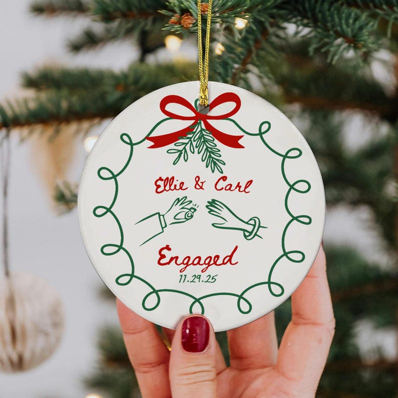 2 Sided Ceramic Ornament, Our First Christmas Engaged, Personalized Engagement Gift for Couples, Wedding Gift Newlyweds, Whimsical Married