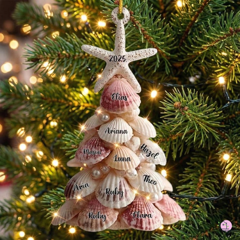 Custom Coastal Shell Acrylic Ornament, Personalized Beach Family Christmas 2025 Decor