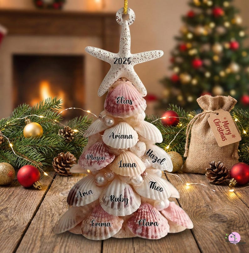 Custom Coastal Shell Acrylic Ornament, Personalized Beach Family Christmas 2025 Decor
