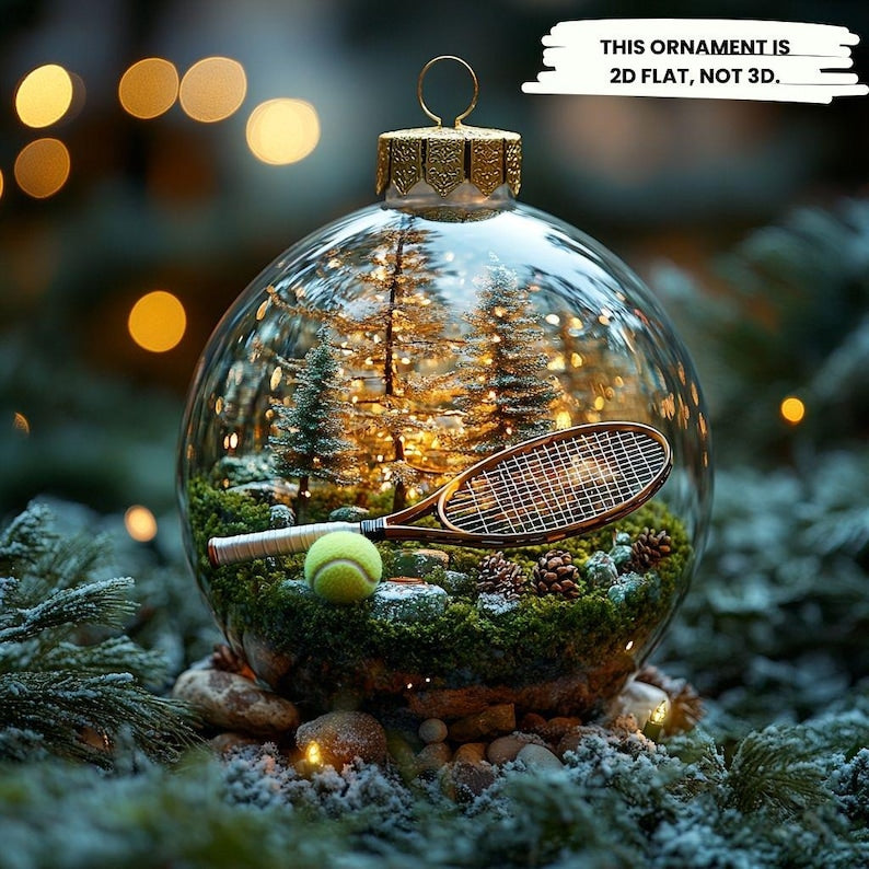 Tennis Ball 2D FLAT Christmas Ornament Nature Scene With Rackets In Glass Globe Gift For Tennis Lovers