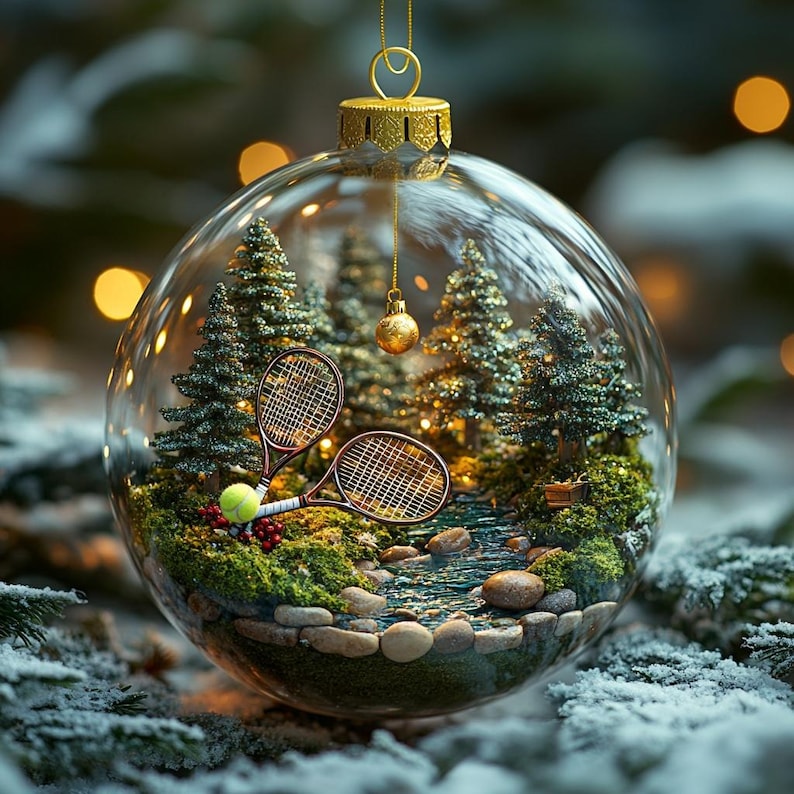 Tennis Ball 2D FLAT Christmas Ornament Nature Scene With Rackets In Glass Globe Gift For Tennis Lovers
