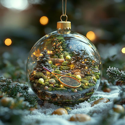 Tennis Ball 2D FLAT Christmas Ornament Nature Scene With Rackets In Glass Globe Gift For Tennis Lovers