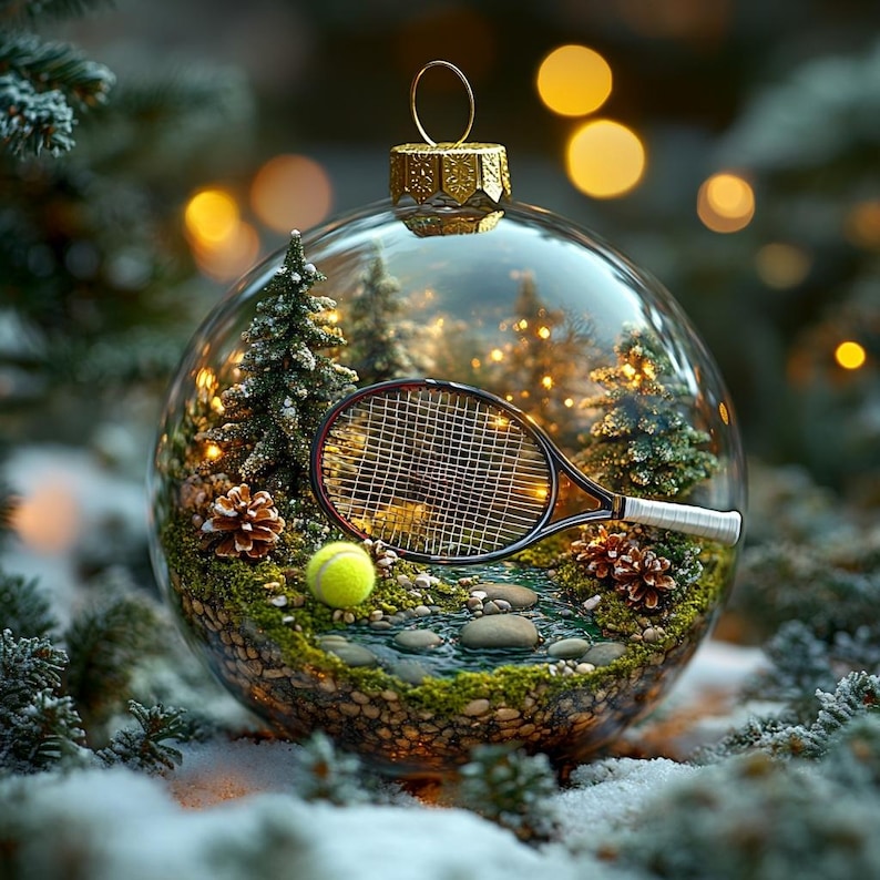 Tennis Ball 2D FLAT Christmas Ornament Nature Scene With Rackets In Glass Globe Gift For Tennis Lovers