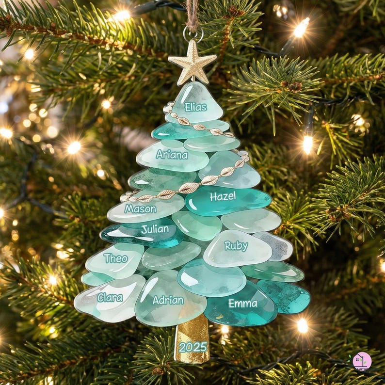 Personalized Sea Glass Family Acrylic Ornament, Coastal Christmas Tree 2025 Gift