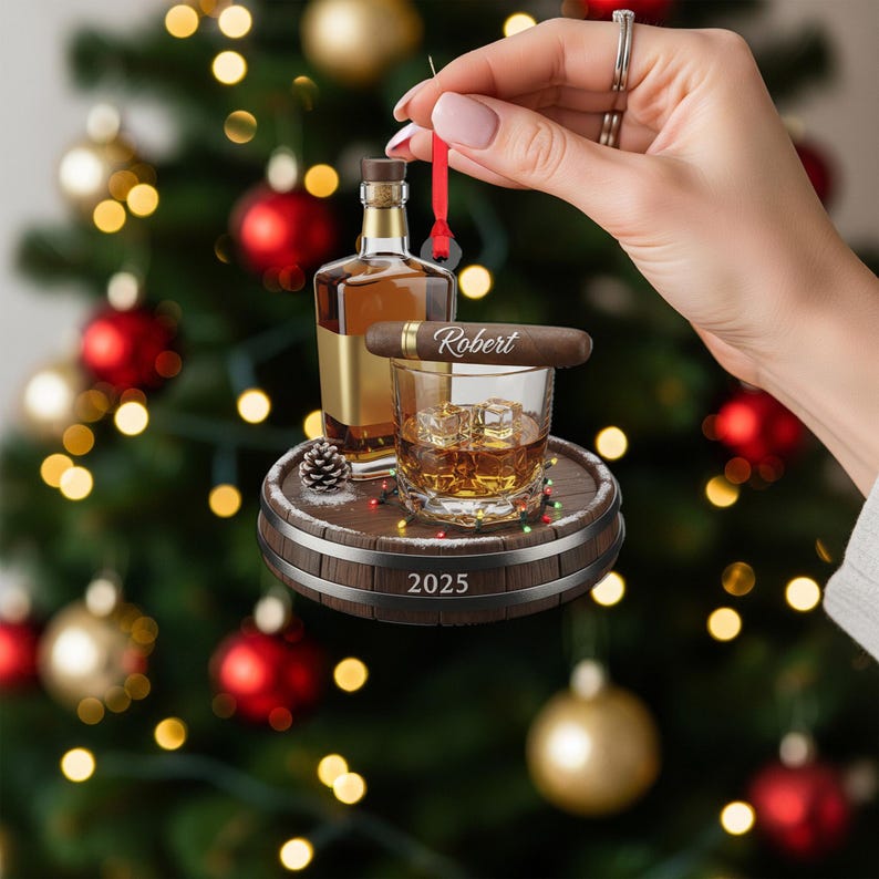 Personalized Whiskey and Cigar Ornament 2025 Custom Name Bourbon Glass Ornament Gentlemen Gift for Him Christmas Decor