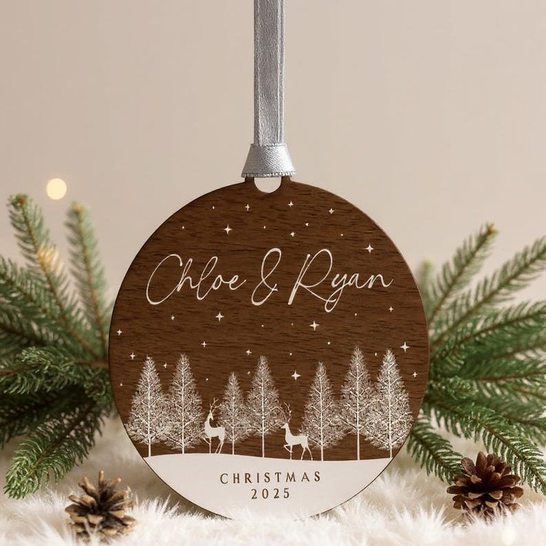 Personalised Wooden Couples Christmas Ornament Bauble, Keepsake Christmas Decoration for Girlfriend or Boyfriend