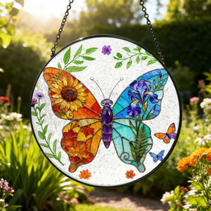Charming Butterfly Sun Catcher Stained Glass Sunflower Iris Flower Garden Autumn Window Hanging Glass Ornament Mom Gift