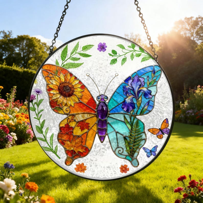 Charming Butterfly Sun Catcher Stained Glass Sunflower Iris Flower Garden Autumn Window Hanging Glass Ornament Mom Gift