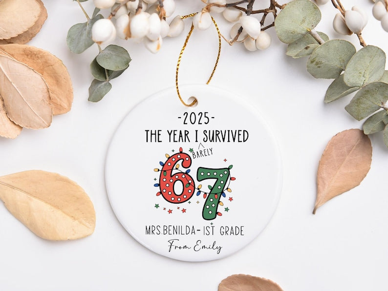 The Year I Barely Survived 67 Ornament, Funny Teacher Gift 2025, Custom Teacher Christmas Ornament, Personalized School Keepsake