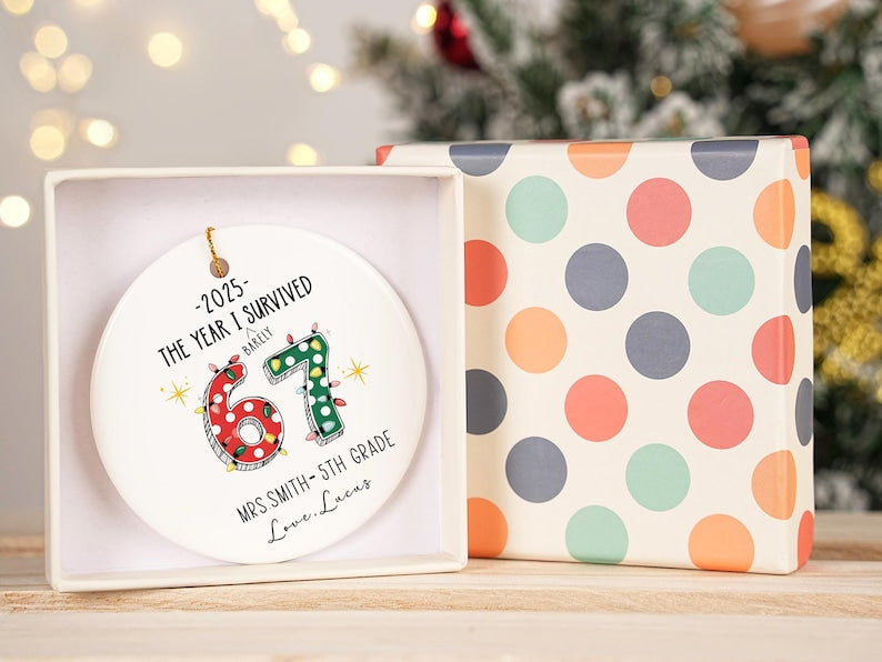 The Year I Barely Survived 67 Ornament, Funny Teacher Gift 2025, Custom Teacher Christmas Ornament, Personalized School Keepsake