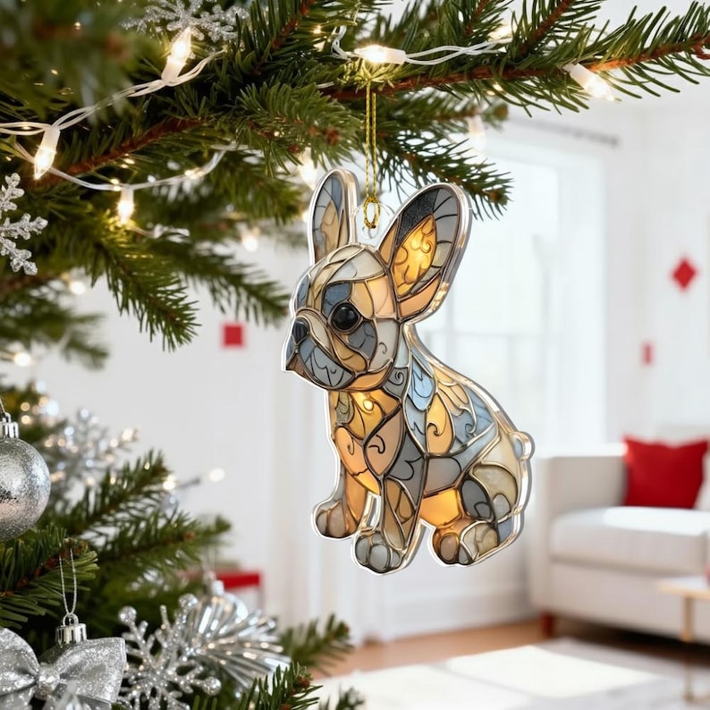 Merry Paws French Bulldog 2D FLAT Acrylic Ornament, Stained Effect Ornament, Holiday Tree Decoration Gift for Pet Lovers and Dog Owners