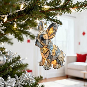 Merry Paws French Bulldog 2D FLAT Acrylic Ornament, Stained Effect Ornament, Holiday Tree Decoration Gift for Pet Lovers and Dog Owners