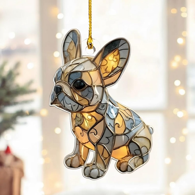 Merry Paws French Bulldog 2D FLAT Acrylic Ornament, Stained Effect Ornament, Holiday Tree Decoration Gift for Pet Lovers and Dog Owners