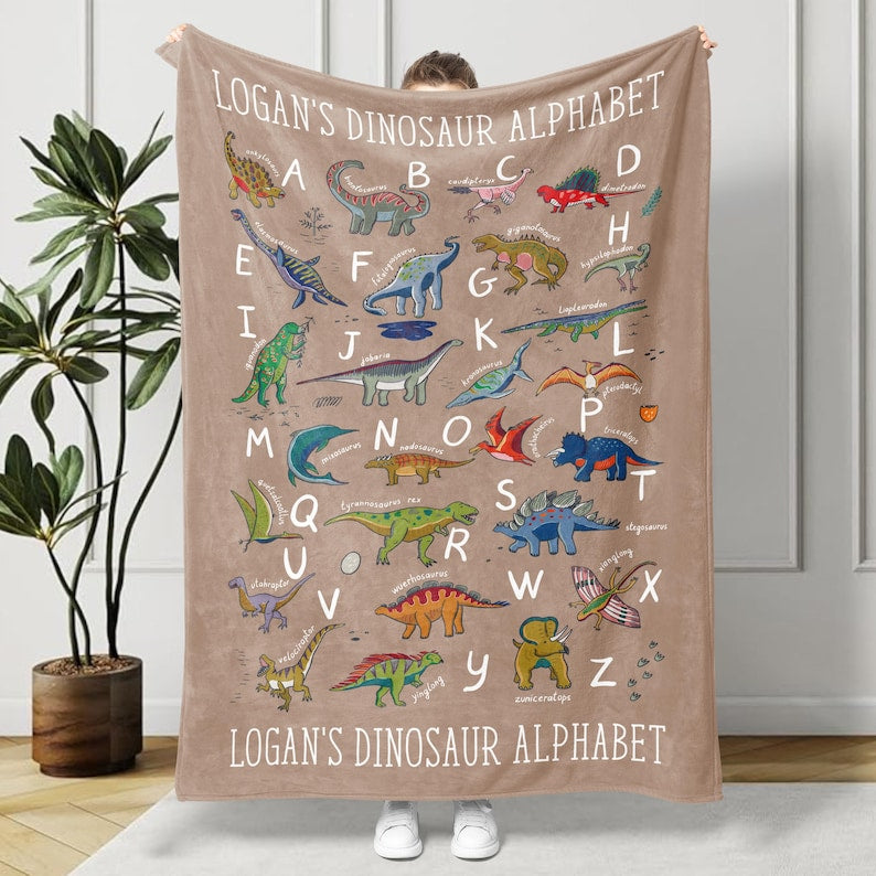 Personalized Dinosaur Alphabet Blanket, Custom Kids Blanket, Baby Blanket, Gift for Kids, Boys Birthday Gift