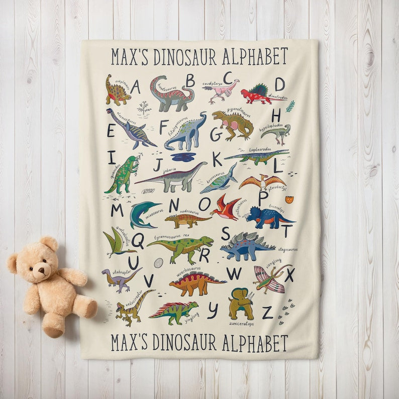 Personalized Dinosaur Alphabet Blanket, Custom Kids Blanket, Baby Blanket, Gift for Kids, Boys Birthday Gift