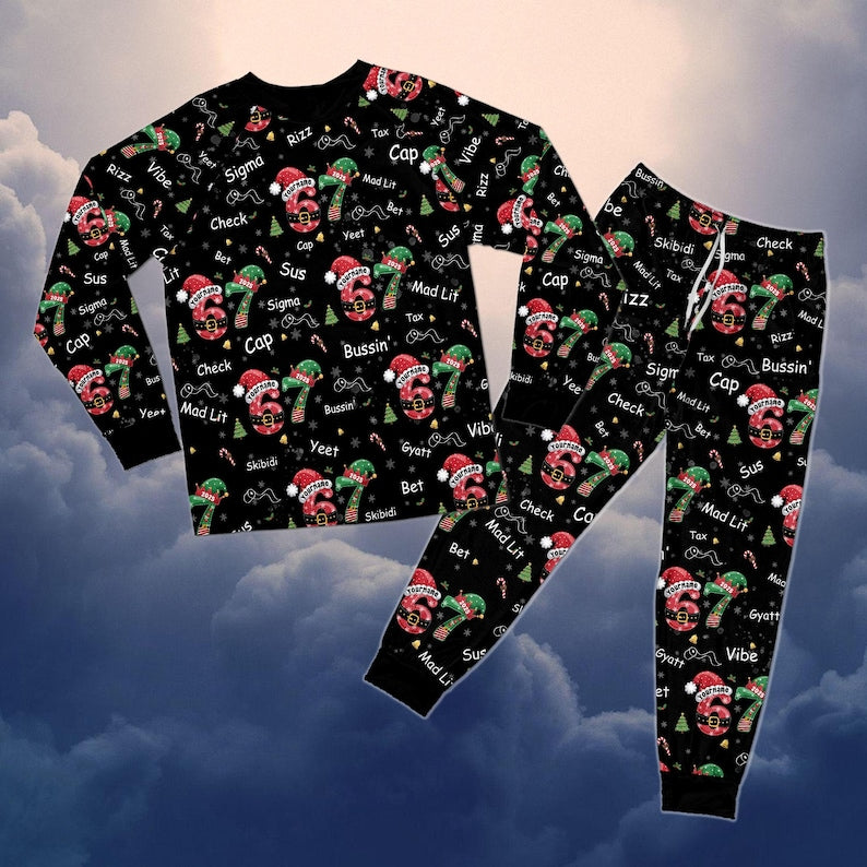 Personalized Six Seven Bruh Christmas Pajamas, Custom Name Bruh 67 Meme PJs, Viral Pajamas Set, Christmas Gift Pajamas for Kids & Adults