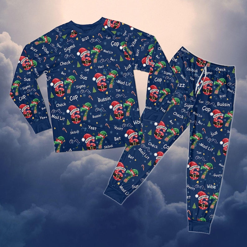 Personalized Six Seven Bruh Christmas Pajamas, Custom Name Bruh 67 Meme PJs, Viral Pajamas Set, Christmas Gift Pajamas for Kids & Adults
