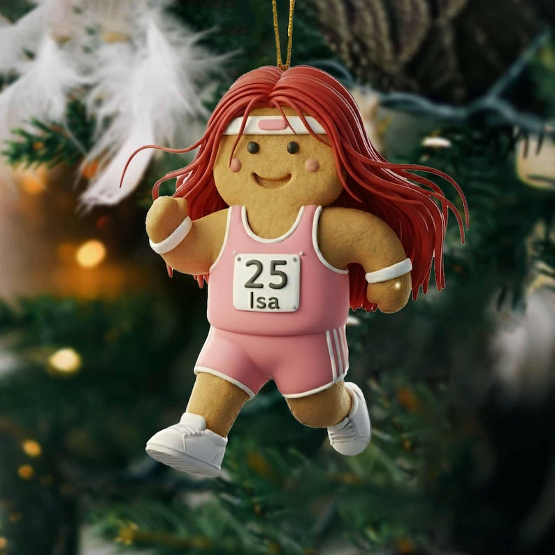 Custom Name Track Runner Gingerbread Ornament: Brunette Girl, Marathon Keepsake, Personalized Runner Ornament 2025