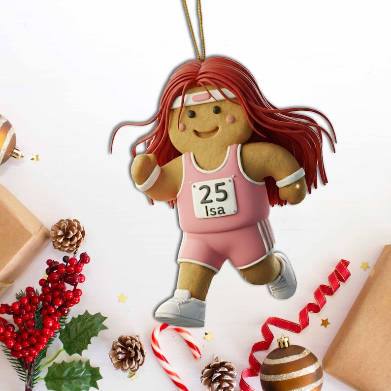 Custom Name Track Runner Gingerbread Ornament: Brunette Girl, Marathon Keepsake, Personalized Runner Ornament 2025