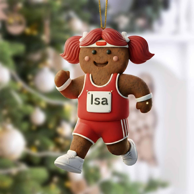 Custom Name Track Runner Gingerbread Ornament: Brunette Girl, Marathon Keepsake, Personalized Runner Ornament 2025