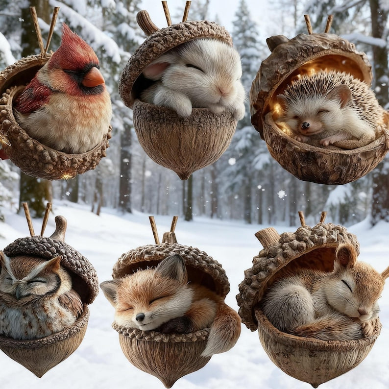 Forests Animal Acorn Ornaments, Forests Christmas Ornaments, 2D Acrylic Animal Christmas Tree Pendant for Bag Backpack Keychain
