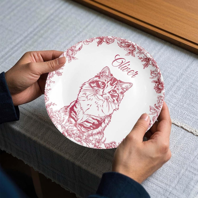 Whispers Of Love In Toile De Jouy - Custom Photo Pet Round Plate, Custom Dog Cat Plate, Dog Lover Gift, Cat Lover Gift, Pet Memorial Gift
