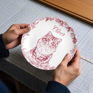 Whispers Of Love In Toile De Jouy - Custom Photo Pet Round Plate, Custom Dog Cat Plate, Dog Lover Gift, Cat Lover Gift, Pet Memorial Gift