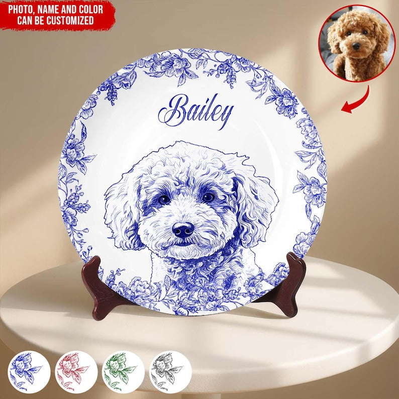 Whispers Of Love In Toile De Jouy - Custom Photo Pet Round Plate, Custom Dog Cat Plate, Dog Lover Gift, Cat Lover Gift, Pet Memorial Gift