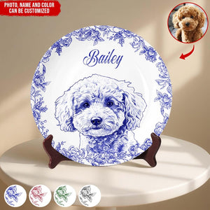 Whispers Of Love In Toile De Jouy - Custom Photo Pet Round Plate, Custom Dog Cat Plate, Dog Lover Gift, Cat Lover Gift, Pet Memorial Gift