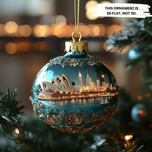 Sydney Skyline 2D FLAT Christmas Ornament, Australia Opera House Cityscape Bauble With Gold Accents