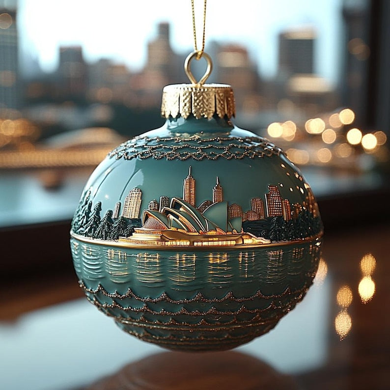 Sydney Skyline 2D FLAT Christmas Ornament, Australia Opera House Cityscape Bauble With Gold Accents