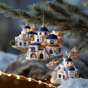Santorini Village Christmas 2D FLAT Ornament, Greek Island House Decor, Unique Traveling Tree Decoration