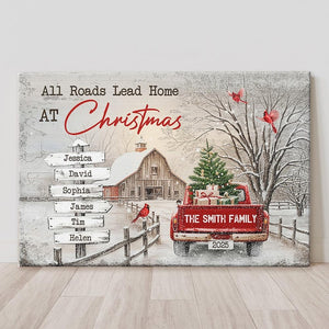 All Roads Lead Home At Christmas, Personalized Poster/Canvas, Holiday Decoration, Family Christmas Wall Art, Custom Red Truck Wall Art