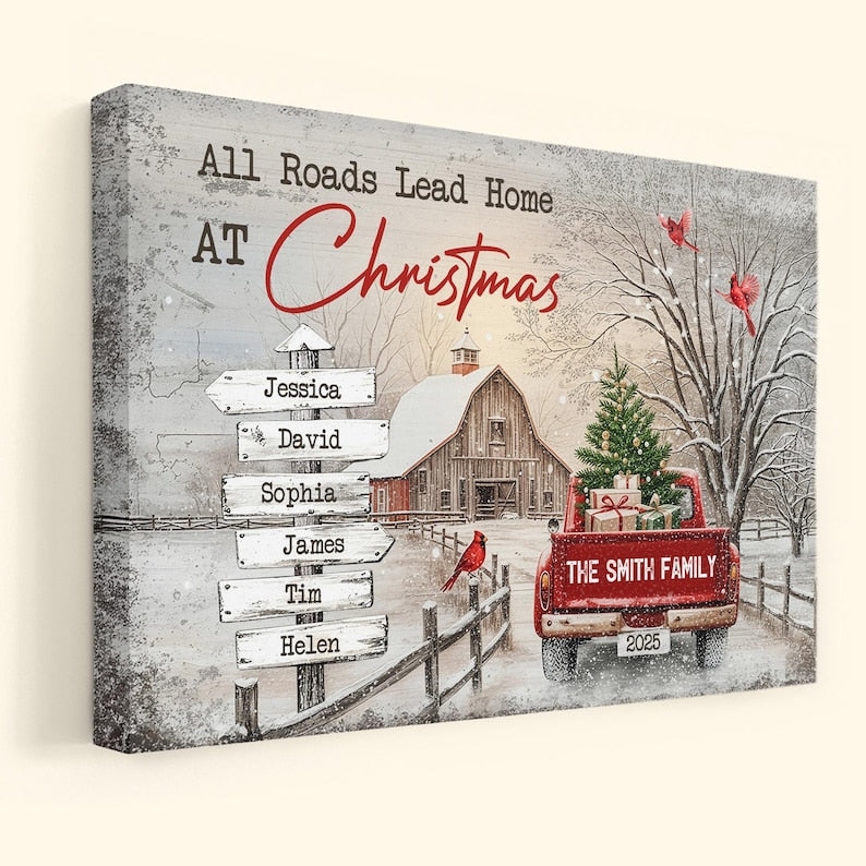 All Roads Lead Home At Christmas, Personalized Poster/Canvas, Holiday Decoration, Family Christmas Wall Art, Custom Red Truck Wall Art