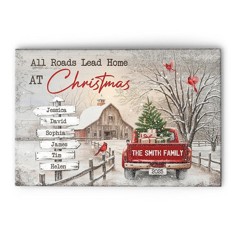 All Roads Lead Home At Christmas, Personalized Poster/Canvas, Holiday Decoration, Family Christmas Wall Art, Custom Red Truck Wall Art