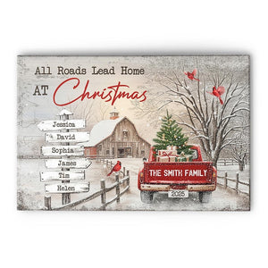 All Roads Lead Home At Christmas, Personalized Poster/Canvas, Holiday Decoration, Family Christmas Wall Art, Custom Red Truck Wall Art