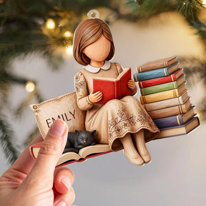 Personalized Book Lover Ornament Girl Reading with Cat Custom Name Ornament for Readers, Writers, and Bookworms
