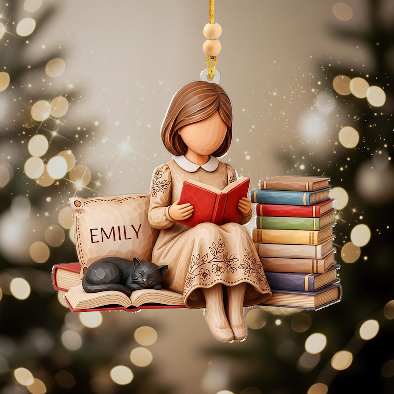 Personalized Book Lover Ornament Girl Reading with Cat Custom Name Ornament for Readers, Writers, and Bookworms
