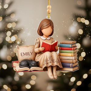 Personalized Book Lover Ornament Girl Reading with Cat Custom Name Ornament for Readers, Writers, and Bookworms
