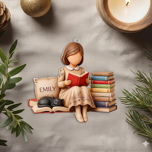 Personalized Book Lover Ornament Girl Reading with Cat Custom Name Ornament for Readers, Writers, and Bookworms
