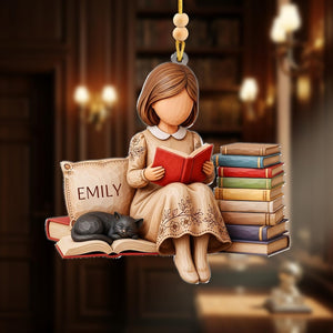 Personalized Book Lover Ornament Girl Reading with Cat Custom Name Ornament for Readers, Writers, and Bookworms