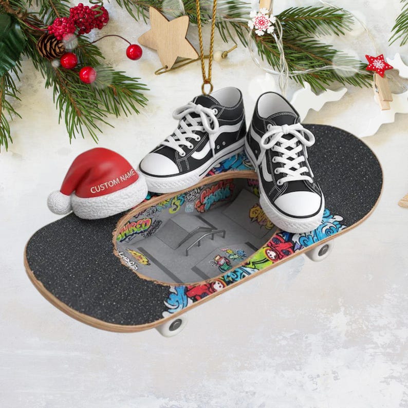 Personalized Skateboarding Ornament with Custom Name, Acrylic Skate Park Xmas Tree Decor, Skateboarding 2D Flat Ornament,Skateboard Keepsake