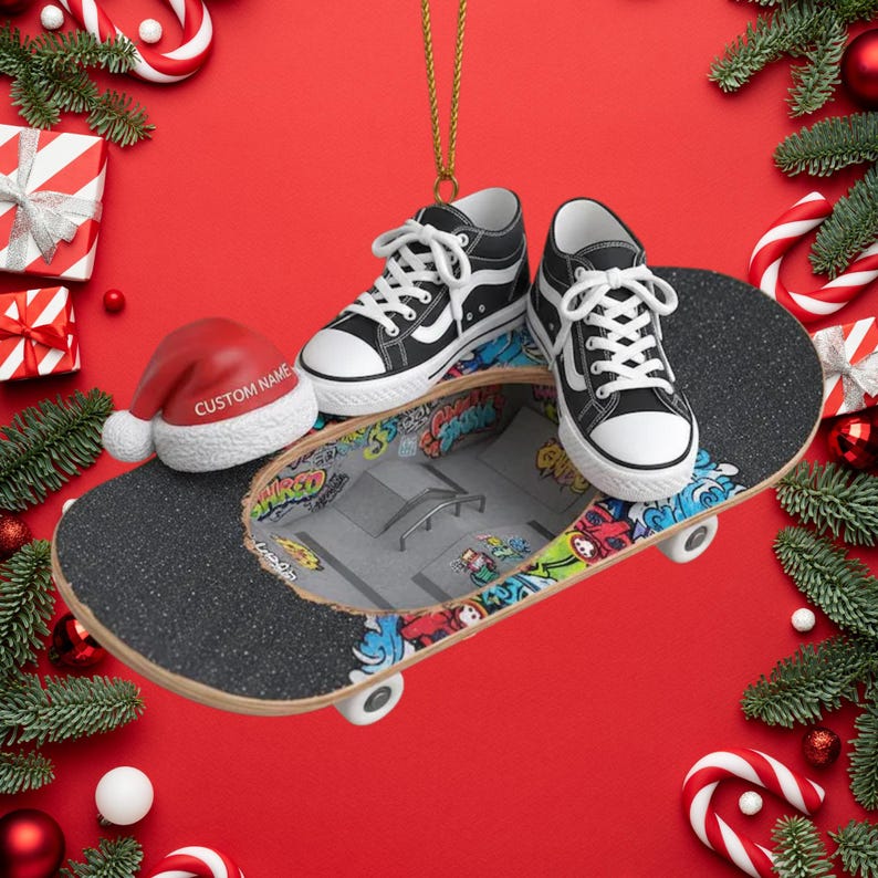 Personalized Skateboarding Ornament with Custom Name, Acrylic Skate Park Xmas Tree Decor, Skateboarding 2D Flat Ornament,Skateboard Keepsake
