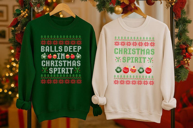 Couple Matching Christmas Sweatshirt, Funny Ugly Christmas Sweater, Ball Deep In Christmas Sprit Couples Printed Jumpers, Newlywed Gifts